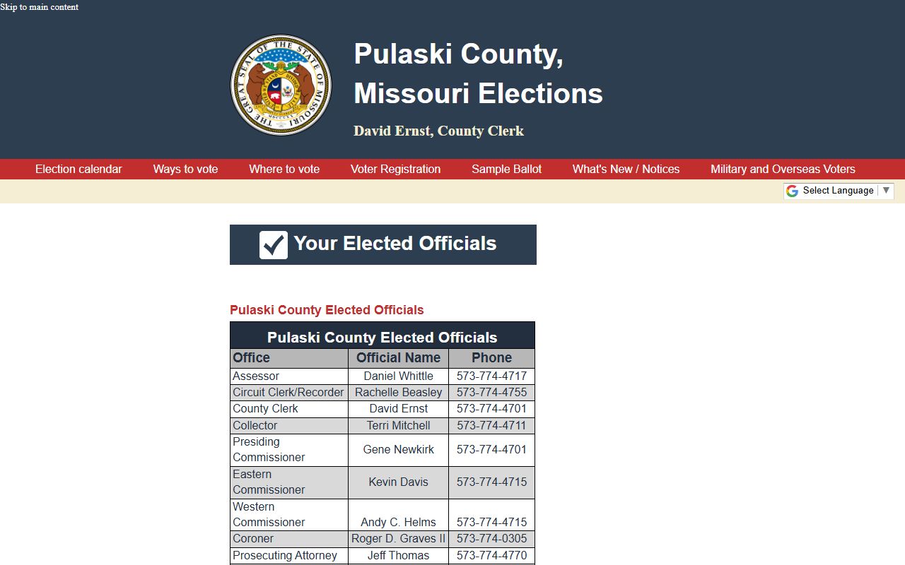 Pulaski County Circuit Clerk elected officials record page