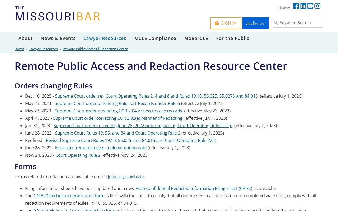 Pulaski County court records Missouri Bar remote access redaction resource