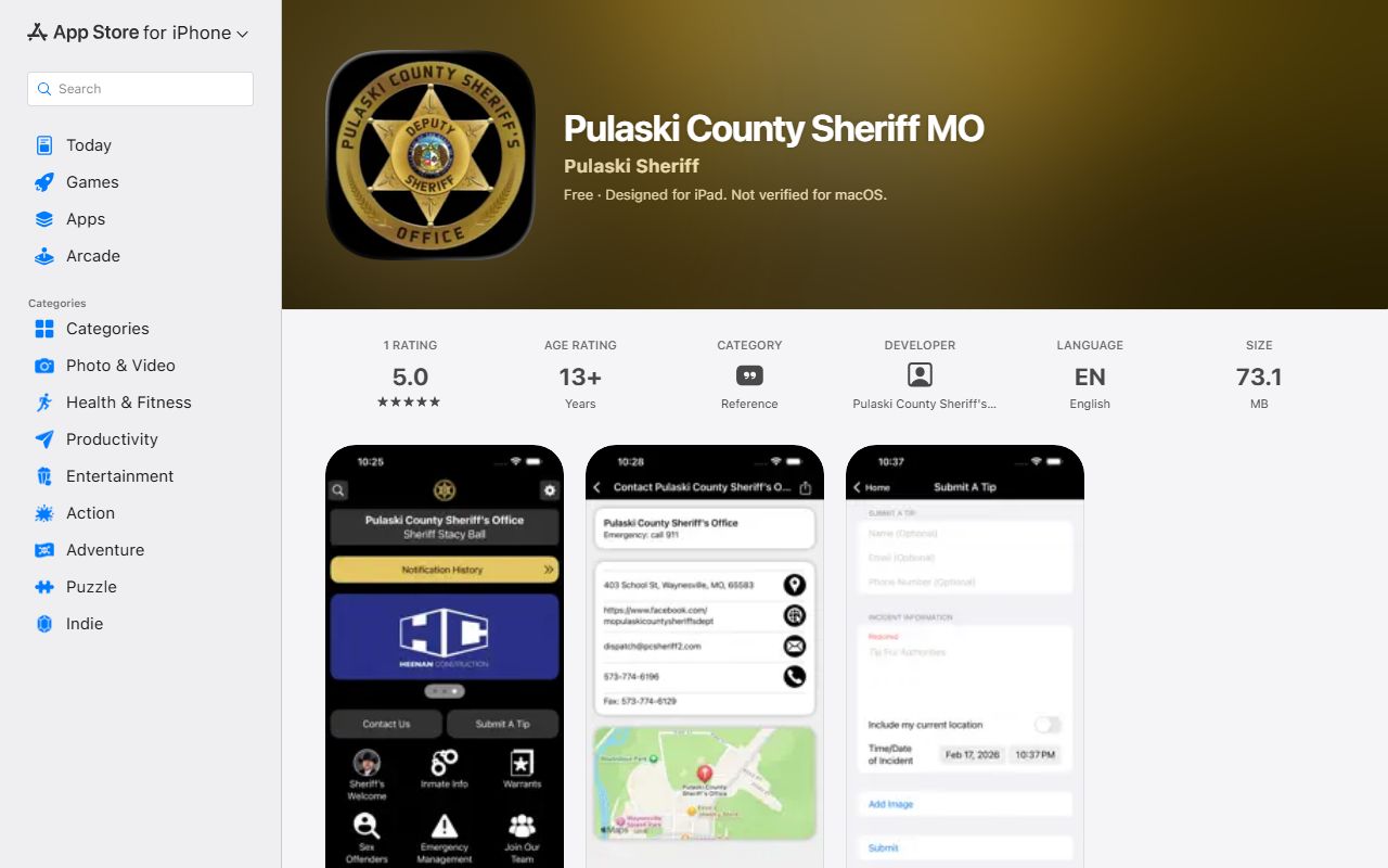 Pulaski County inmate records sheriff Apple App Store listing